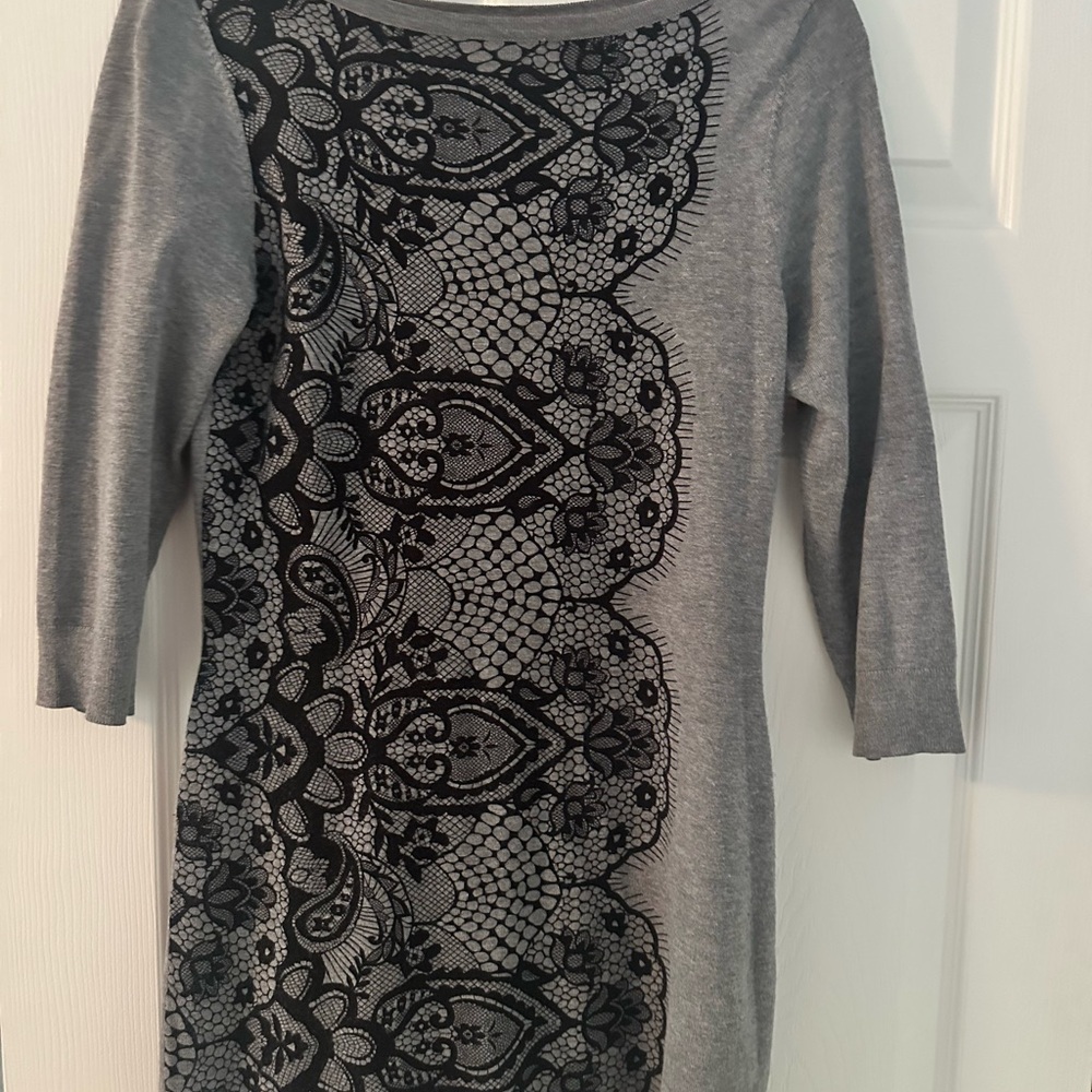 White House Black Market Gray Dress with Black Lace